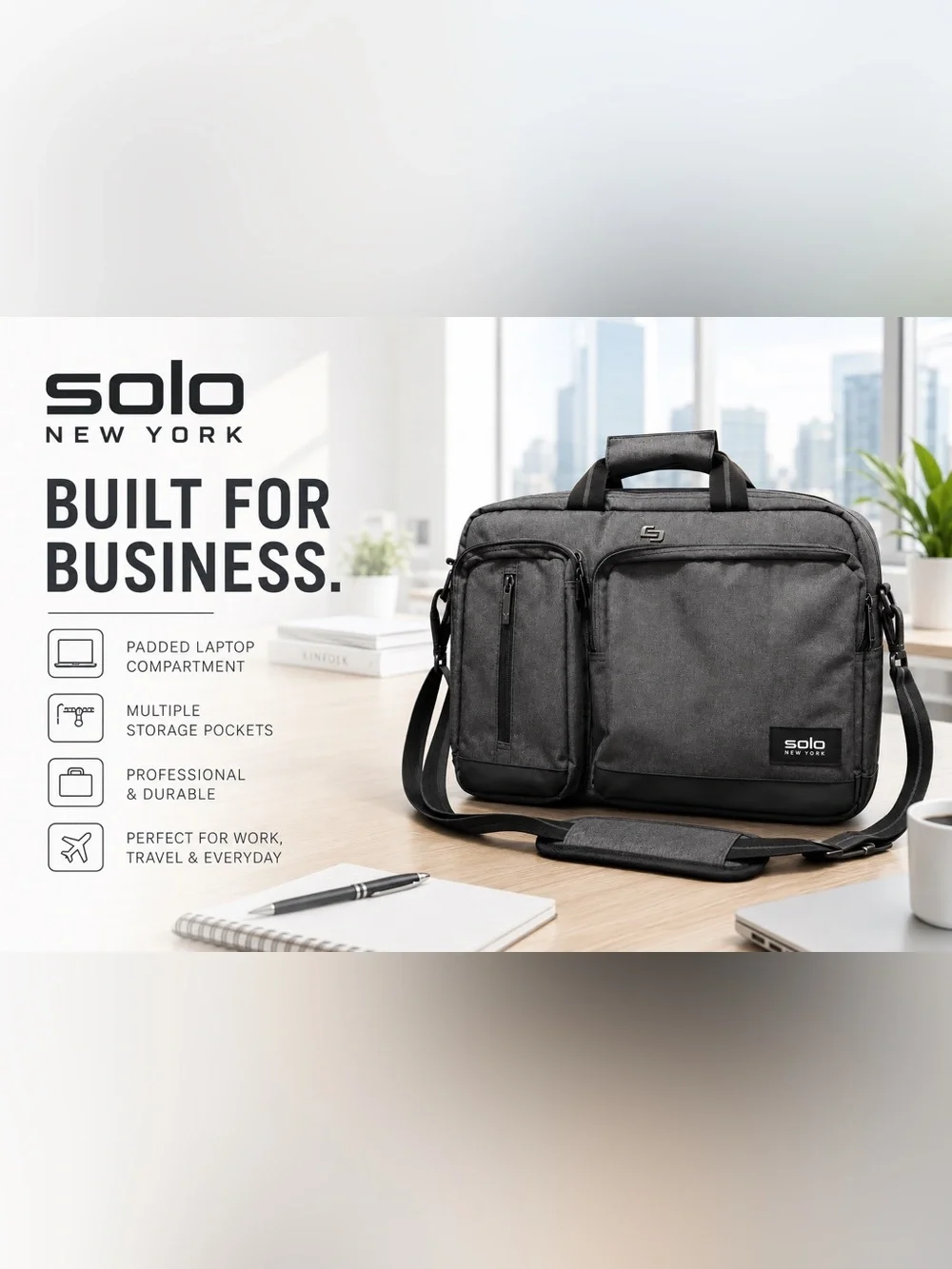 Solo NY Gray Laptop Messenger Briefcase Business Travel Work Bag Shoulder Strap